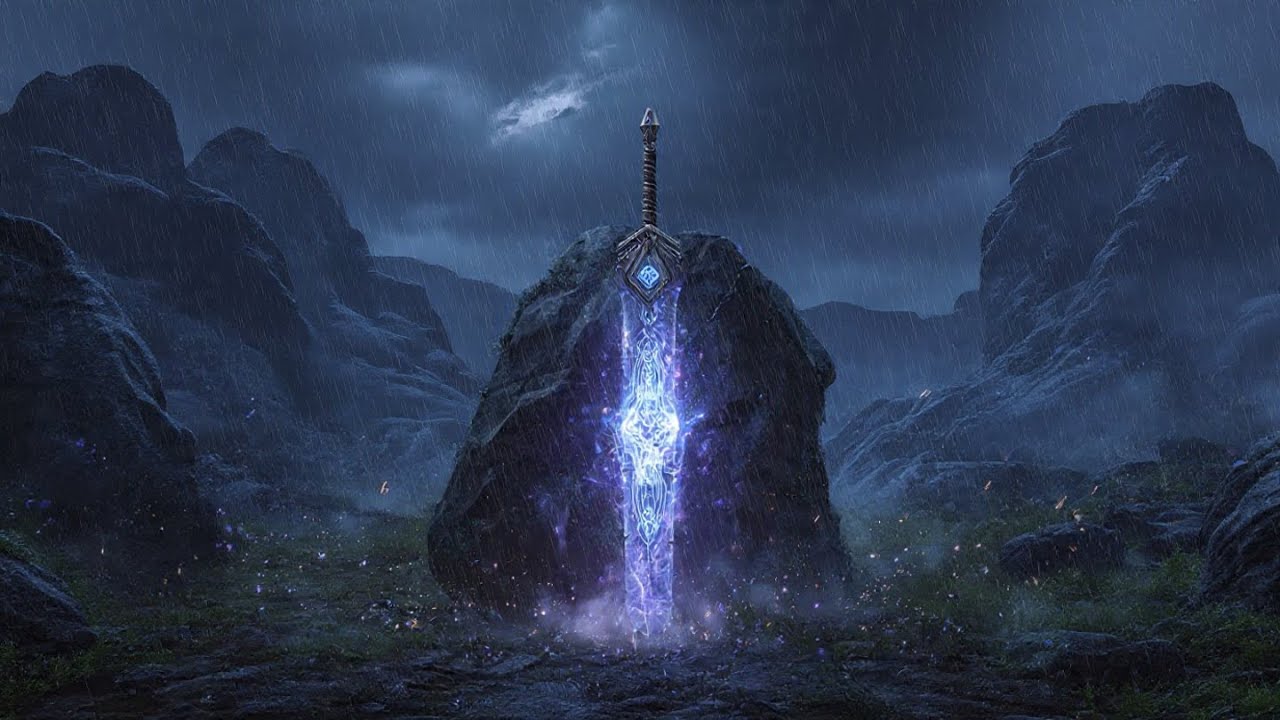 Medieval Fantasy Sword Journey in Rainy Forest