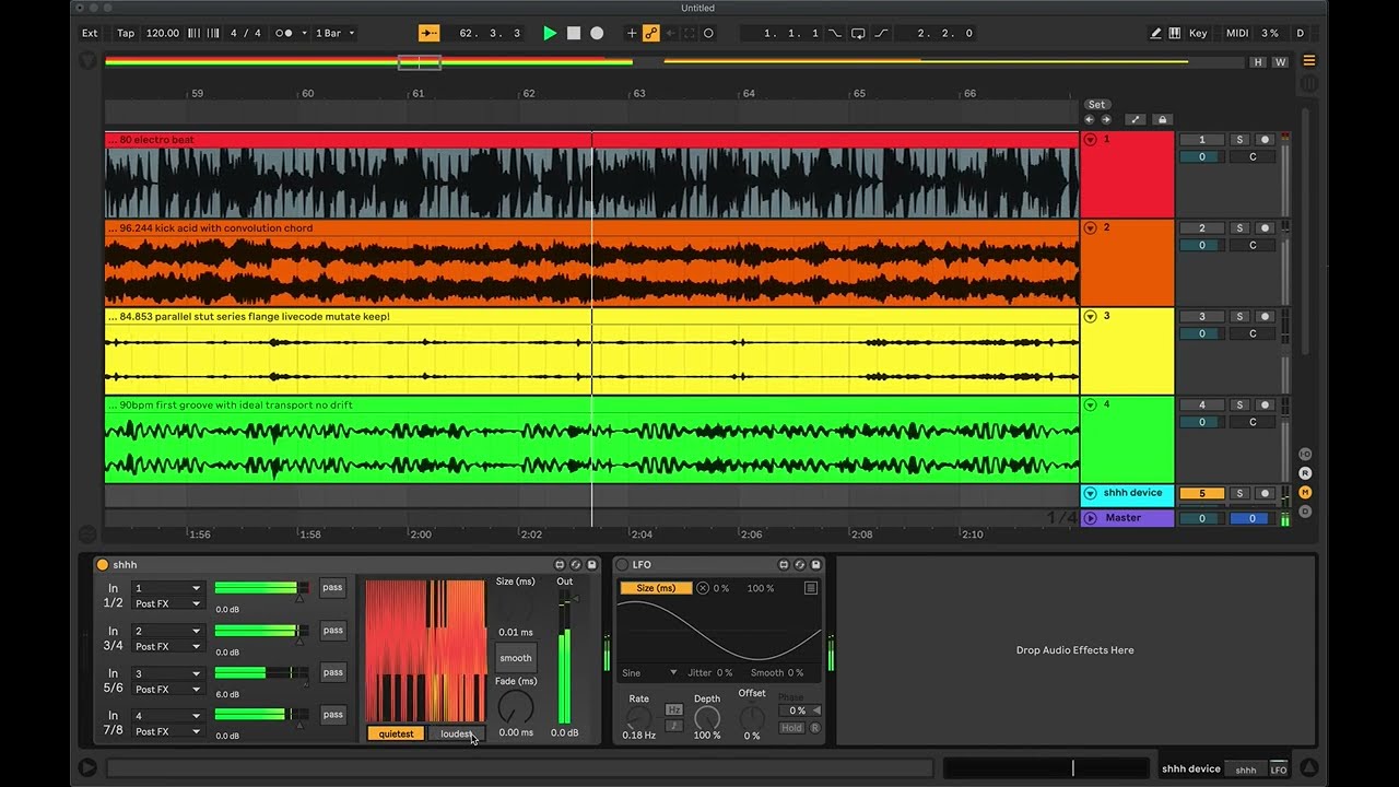 shhh: Max for Live granulator selecting from 4 stereo inputs based on loudness