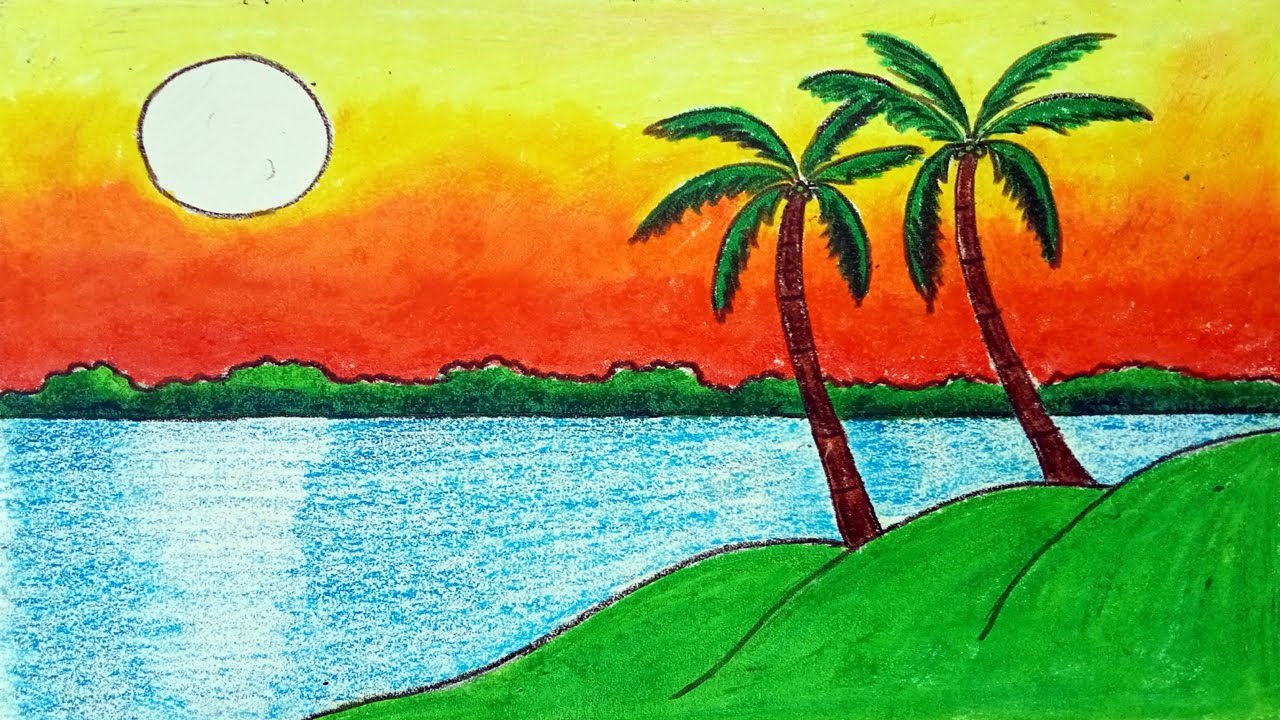 How to draw a scenery  Coconut trees or sun and river drawing