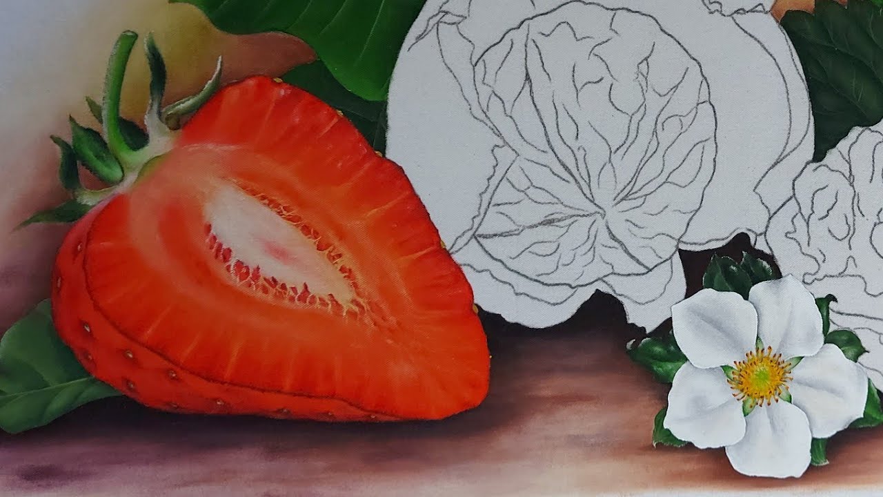 Pintura da flor de morango e morango cortado