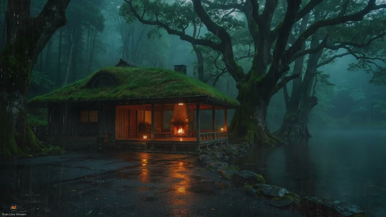 Serene Rainy Night At A Japanese Hobbit Style House Beside A Misty Forest Lake Retreat