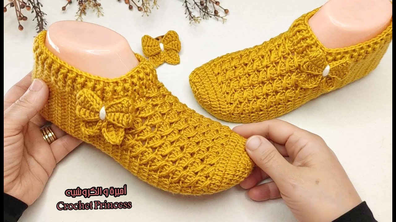 كروشيه سليبر/لكلوك نسائي لأي مقاس بغرزة مجسمة سهلة للمبتدئات Crochet Slippers