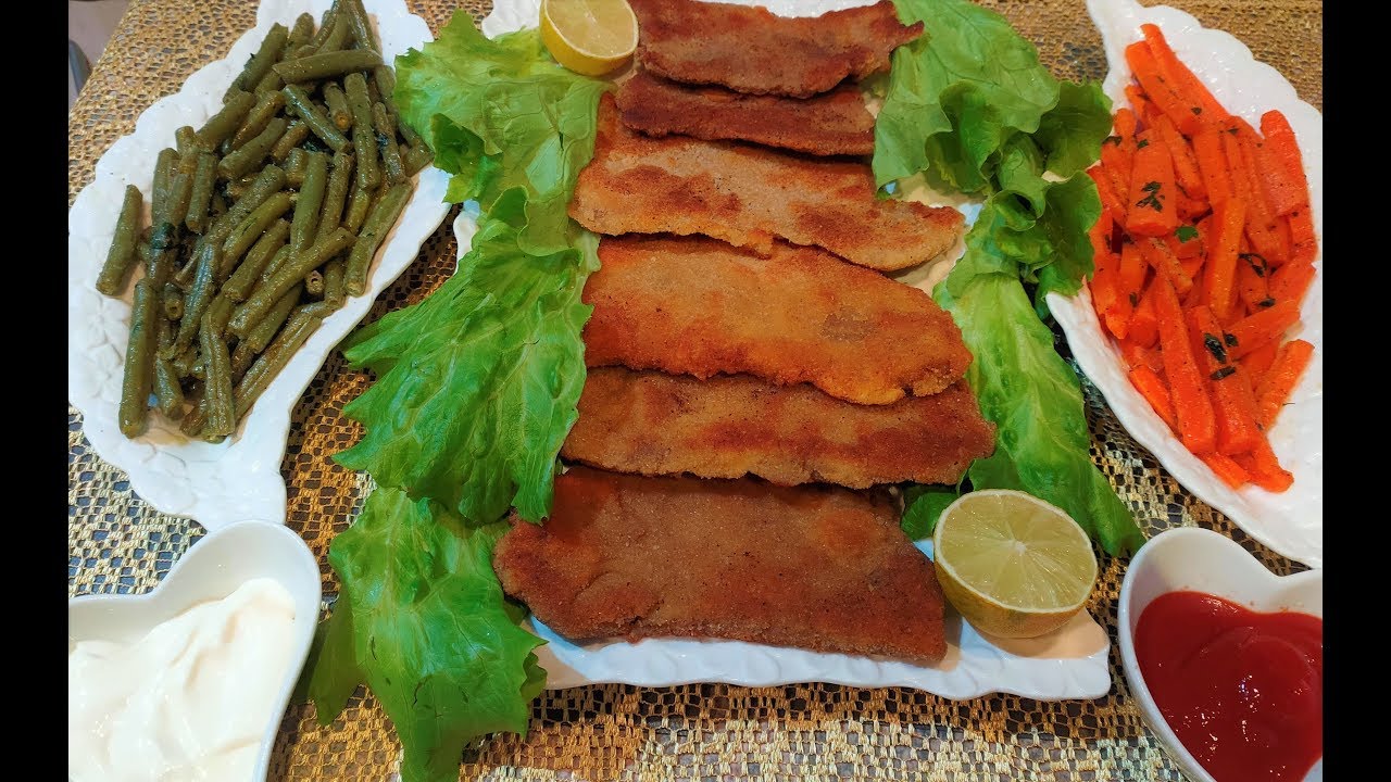 ESCALOPE A LA MILANESA\اسكالوب اللحم بخطوات سهلة وطعم رائع مع سلطة الفصوليا الخضراء والجزر
