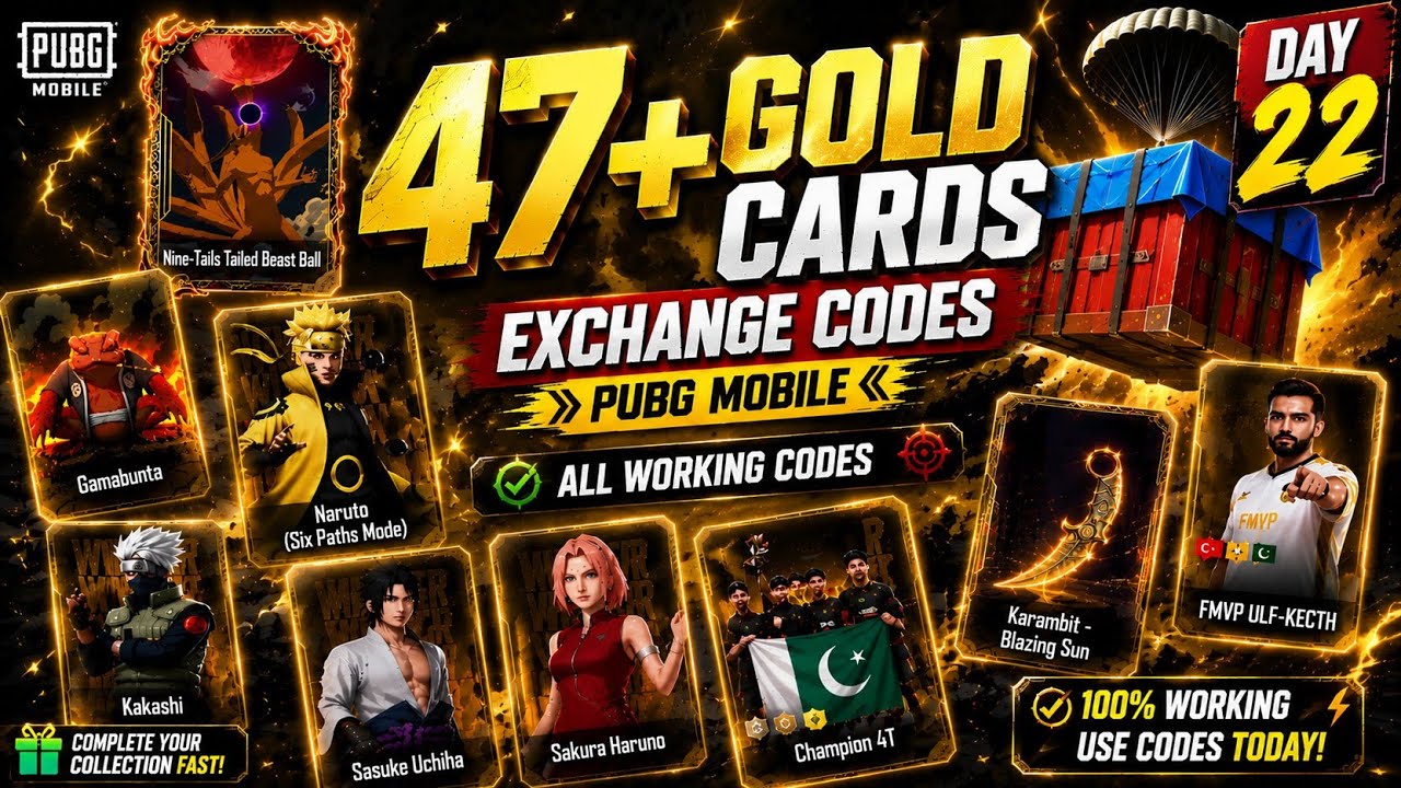 DAY 22 | New 47+ Gold Cards | Today Exchange Codes | PUBG Mobile Card Collection 4.5 Update