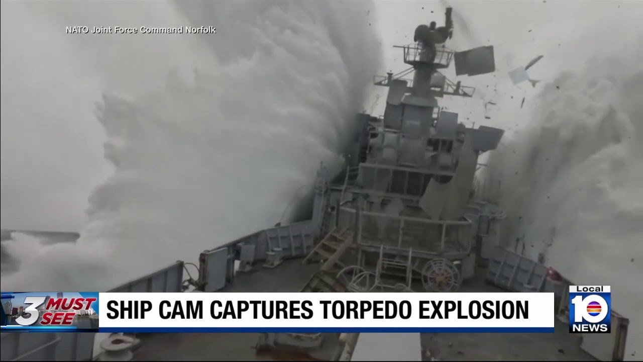 Video captures torpedo striking unmanned ship, causing massive explosion