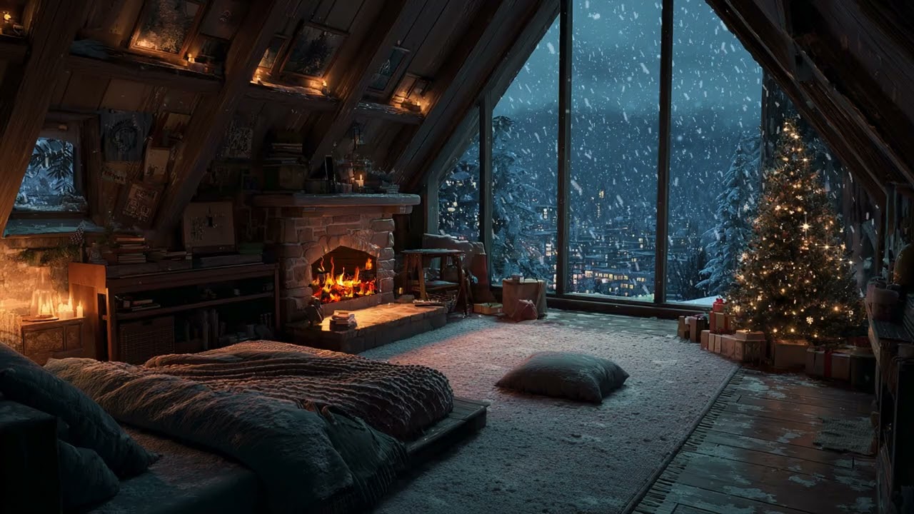 Cozy Winter Cabin After Dark ❄️ | Fireplace Crackling & Soft Snowfall for Deep Relaxation