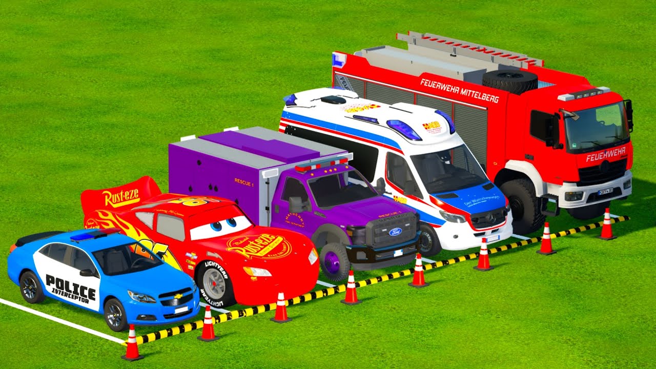 VOLKSWAGEN, MEQUEEN CAR, DODGE, DACIA POLICE CARS & MERCEDES FIRE TRUCK VEHICLES TRANSPORTING ! FS22