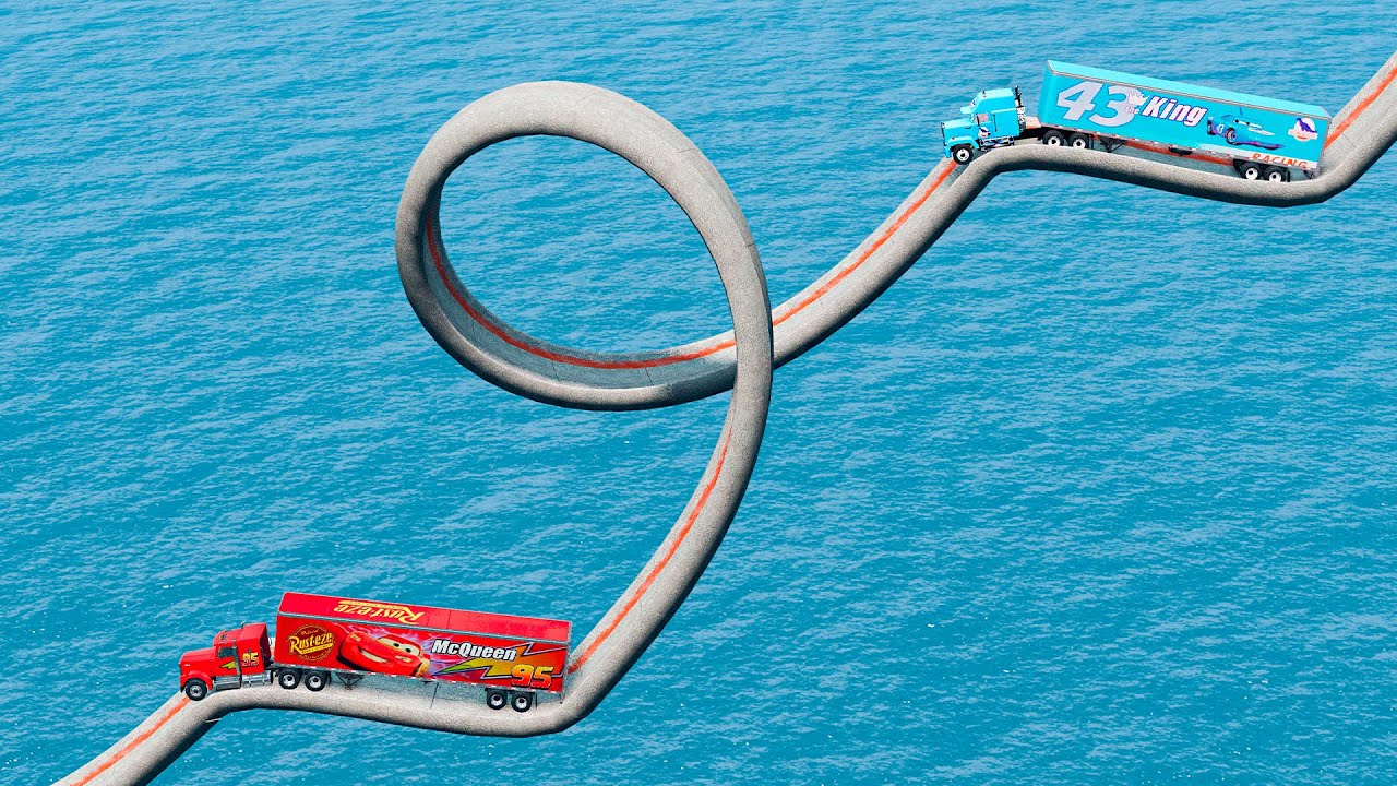 Mack Truck vs King Dinoco Truck vs Impossible Trick Spiral Bridge Vs Deep Water - BeamNG.Drive