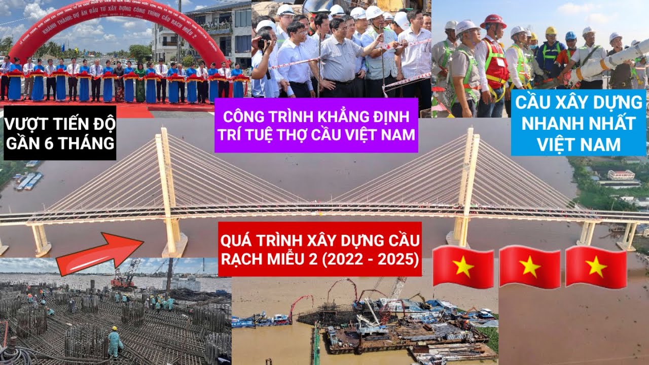 Tổng hợp quá trình xây dựng Cầu Rạch Miễu 2 (2022 - 2025) cầu dây văng xây dựng nhanh nhất Việt Nam