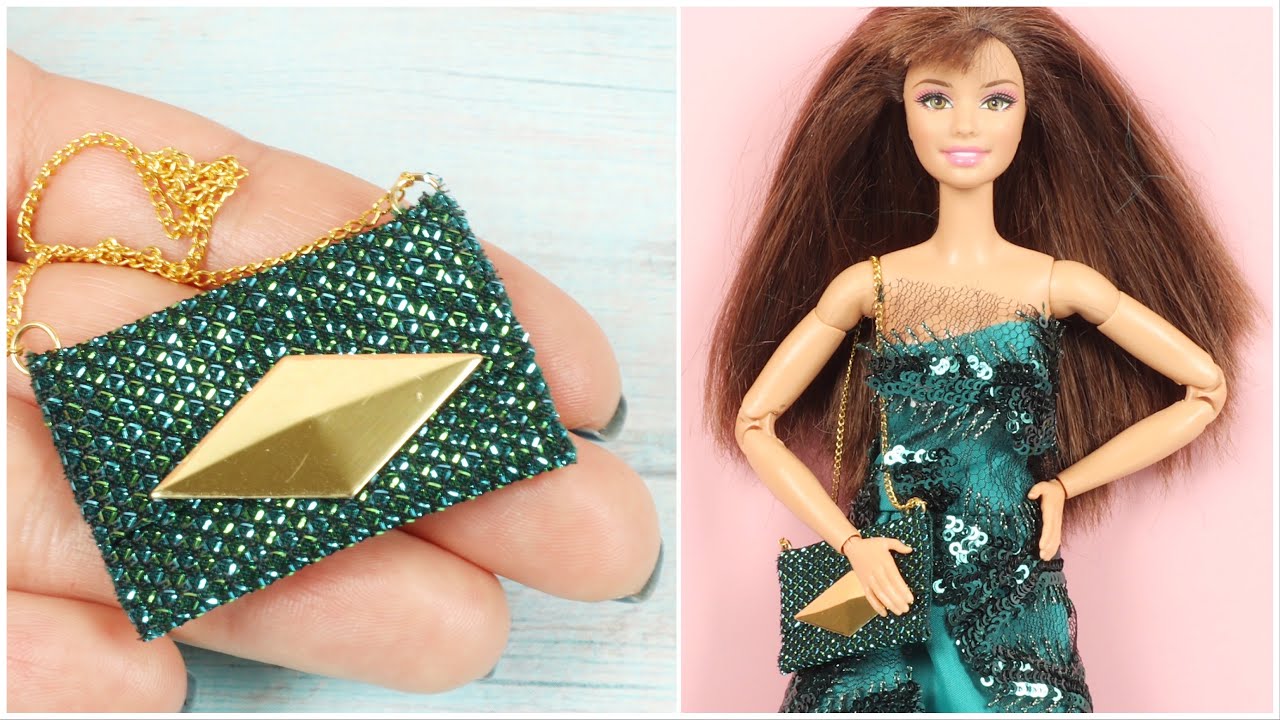 KENDİN YAP BARBIE KIYAFETLERİ, YEŞİLLİ ELBİSE, ÇANTA VE SAÇ STİLİ TASARIMI
