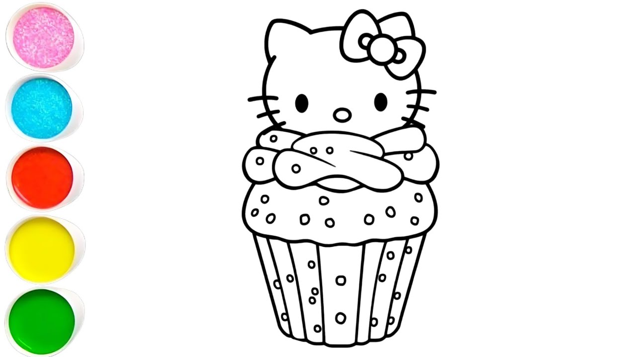 Рисунок и раскраска кекса 🧁 Hello Kitty для детей и малышей.