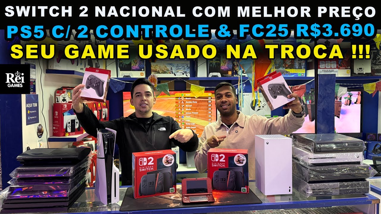 SWITCH 2 NACIONAL COM MELHOR PREÇO! PS5 C/ 2 CONTROLES & FC25 R$3.690 REAIS - REI GAMES