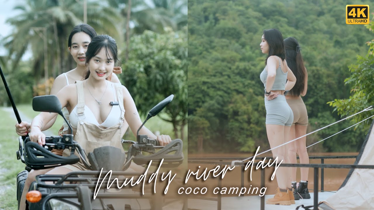 Cute Girls camping trip a river in rainy day - kayaking, SUP Board, and ATV riding/ASMR Camping EP14