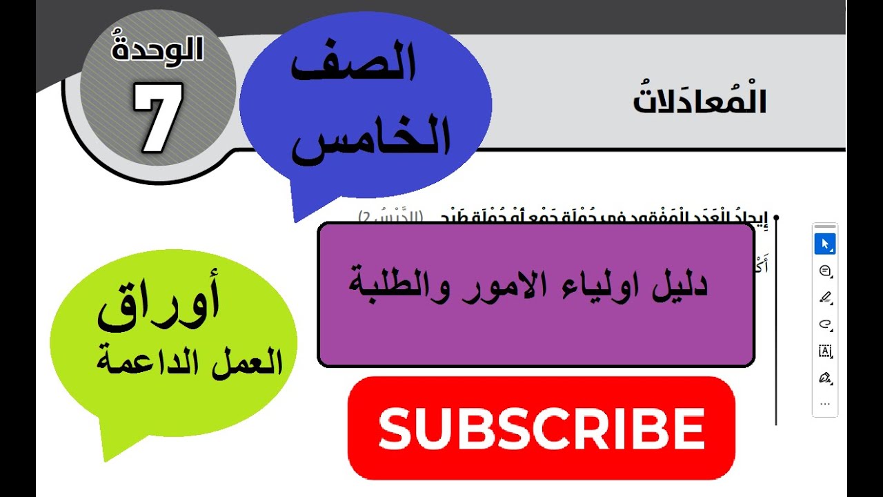 حل أوراق العمل الداعمة بشكل مبسط توضيحي لأولياء أمور طلاب الصف الخامس للوحدة 7 المعادلات