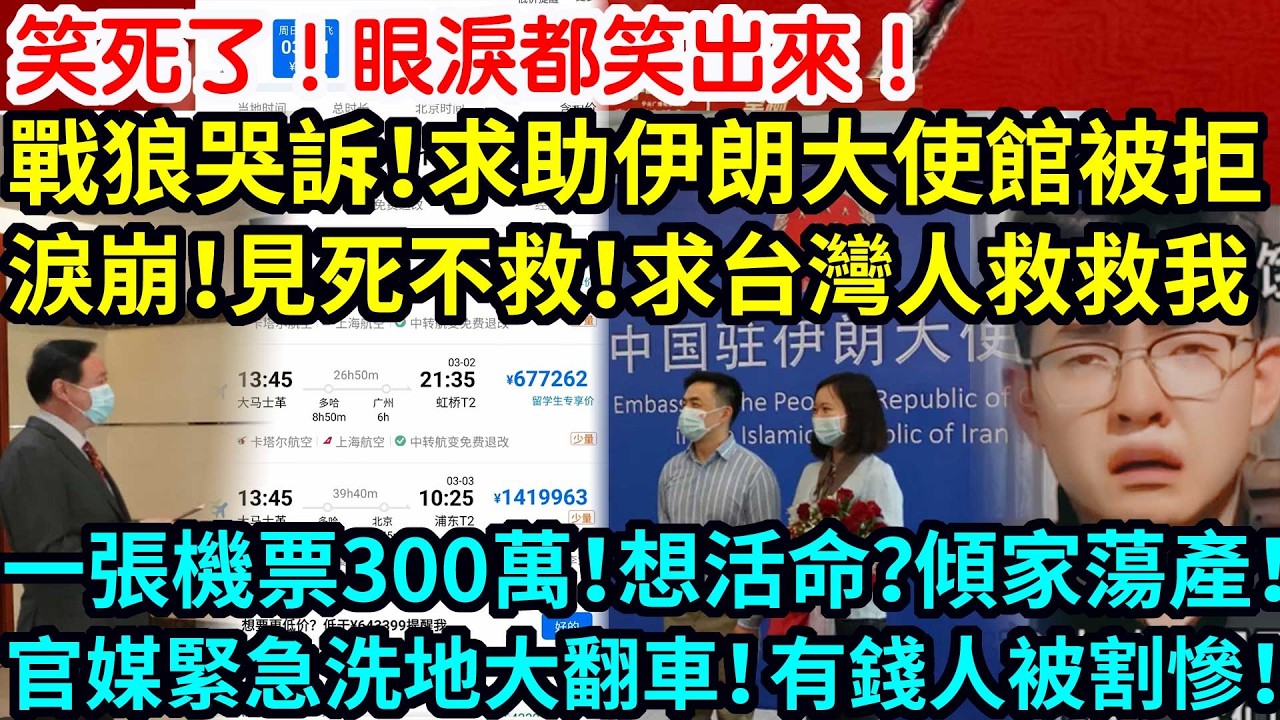 笑死了！眼淚都笑出來！戰狼哭訴！求助伊朗大使館被拒絕！淚崩！見死不救！求台灣人救救我！一張機票300萬！想活命？傾家蕩產！官媒緊急洗地大翻車！有錢人被割慘！