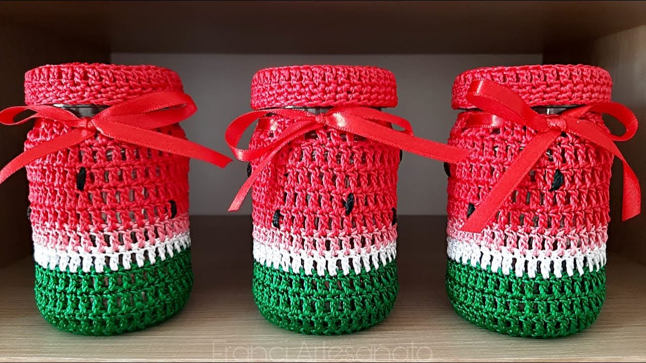 PORTA TEMPEROS OU CHÁS EM CROCHÊ FEITO COM POTE DE MAIONESE - FRANCI ARTESANATO