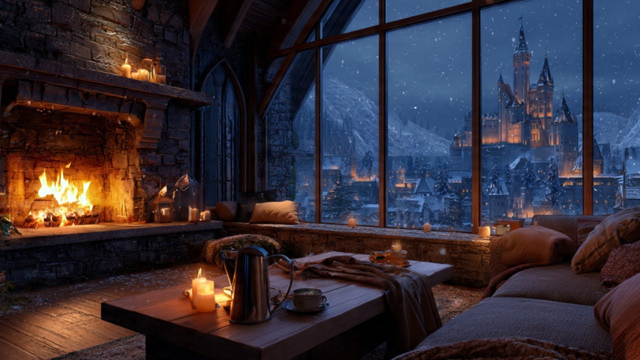 Crackling Fireplace Sounds 🔥 | Cozy Winter Night with Castle View