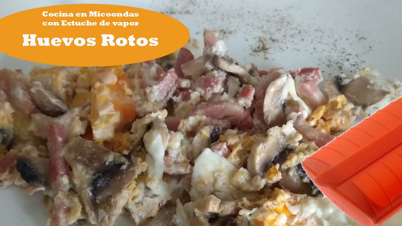 Huevos rotos con champiñones y baicon. Cocina en microondas con estuche de vapor Lékué