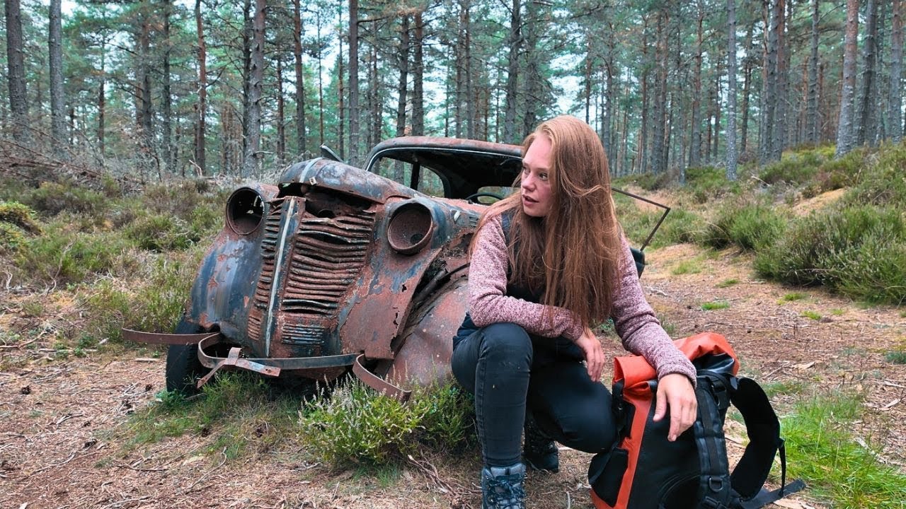 Failed wild camp in forest with abandoned car & swimming in the rain