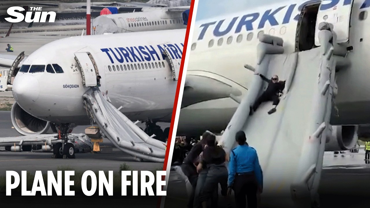 Moment passengers evacuate on emergency slide as plane catches fire after landing
