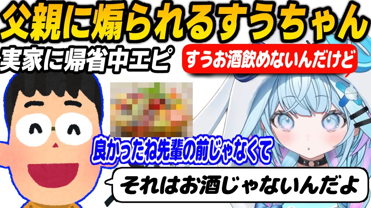 【帰省中エピ】あるものをお酒と間違え父親から嘲笑いや煽りを受けた水宮枢+部屋の奥から突然大きな音が鳴り焦るすうちゃん【水宮枢/ホロライブ切り抜き】