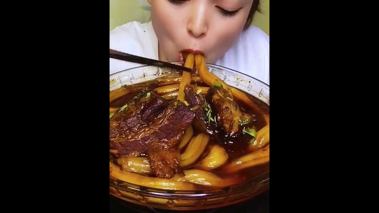Eating braised pork meat with noodles, Pork Belly And Noodles