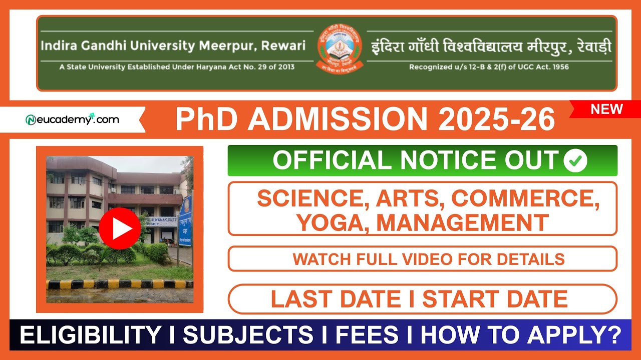 Indira Gandhi University (IGU) Meerpur PhD Admission 2025-26: Eligibility, Fees, Seats, Full Process