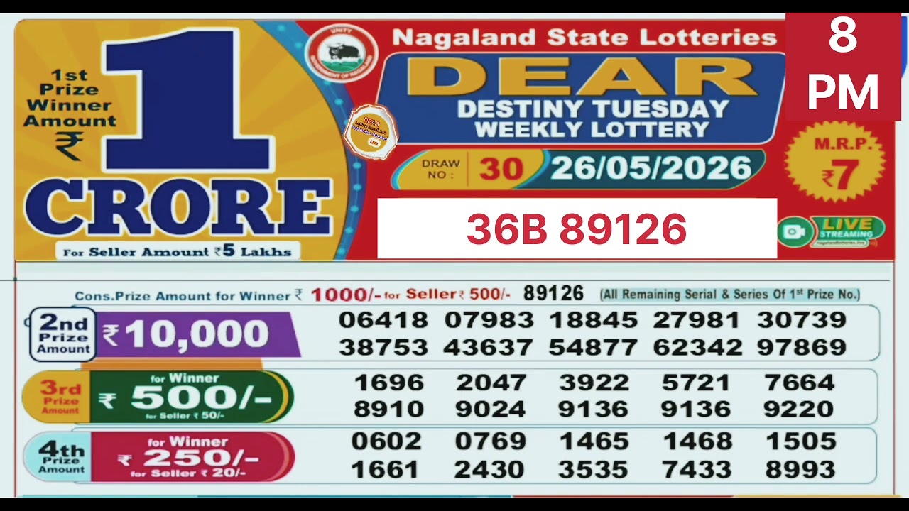Destiny Tuesday weekly lottery result today 8 pm - 26/05/2026 - nagaland state lotteries.