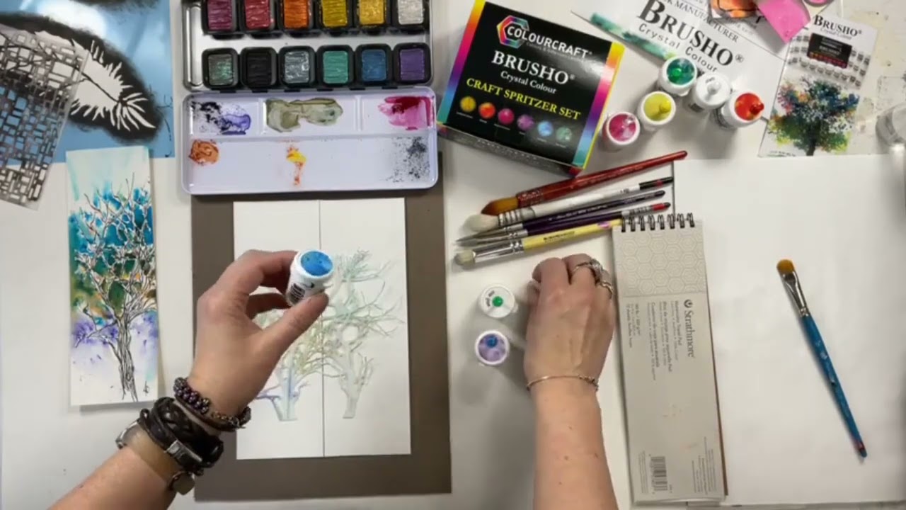 Partie 1: Brusho, aquarelle, acrylique sur des petits signets de papier aquarelle par Josée Cloutier