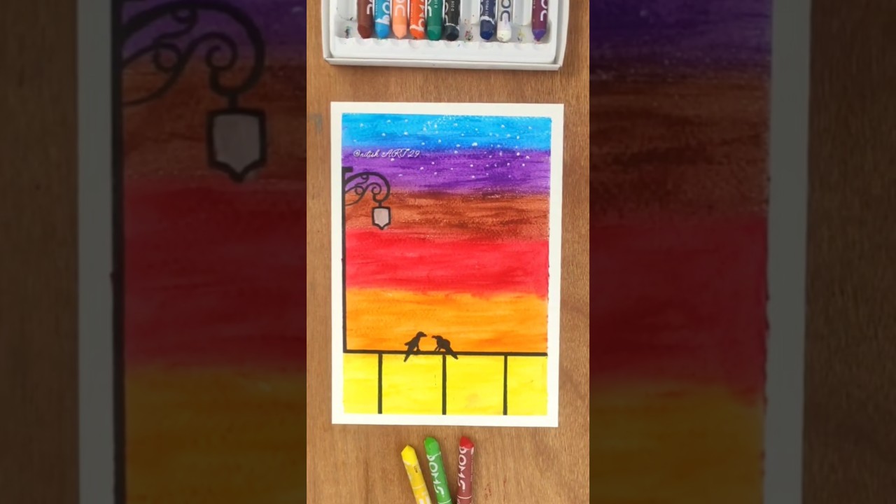 Peaceful Sunset Painting | Easy Oil Pastel Art for Beginners | Romantic Birds Silhouette Drawing