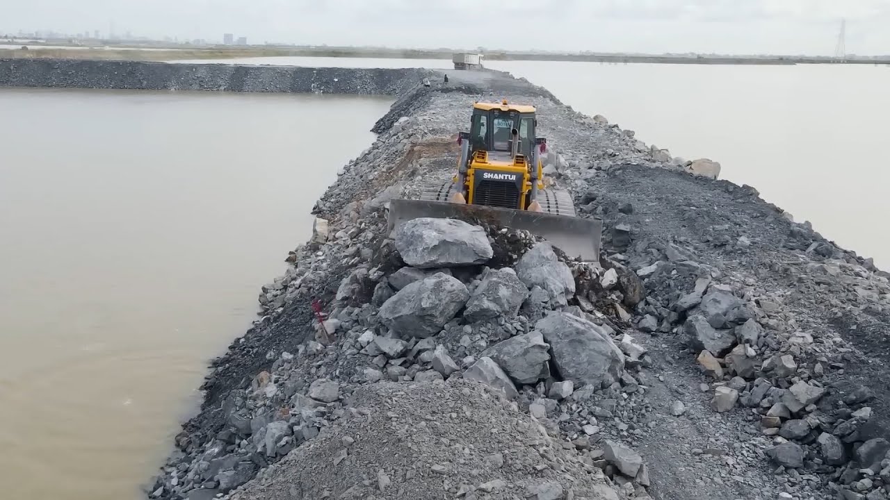 Great Idea! Incredible Build Long Road in Lake By Big Stone With Dump Truck Bulldozer Push big Stone