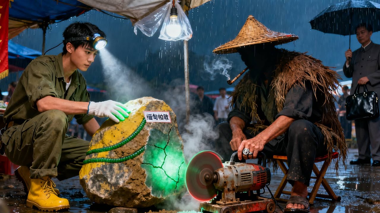En la lluvia, el joven elige una piedra pobre, ¡pero increíblemente saca jade verde y se enriquece!