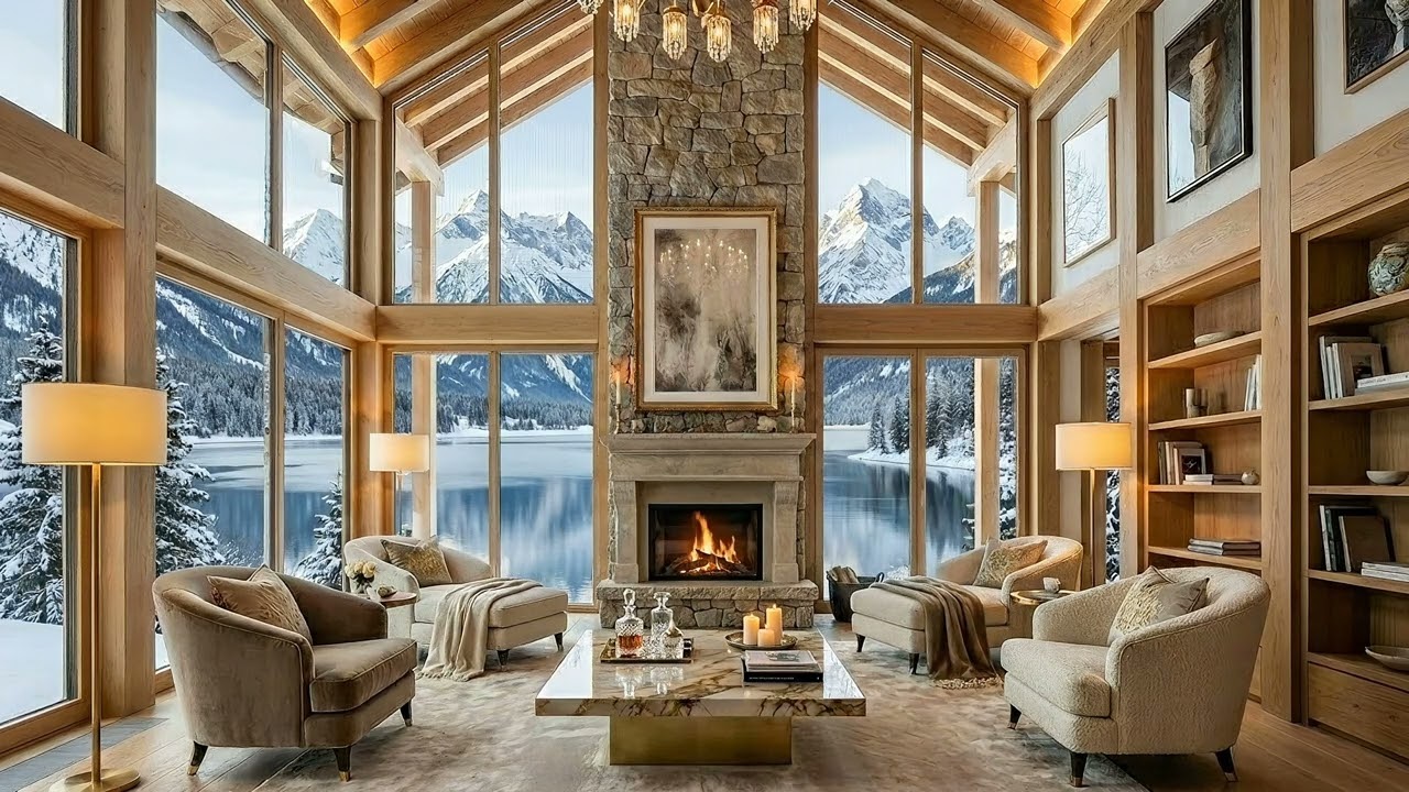 Winter Lake Fireplace Ambience | Smooth Jazz & Fireplace Sounds for Relaxation (2 Hours)