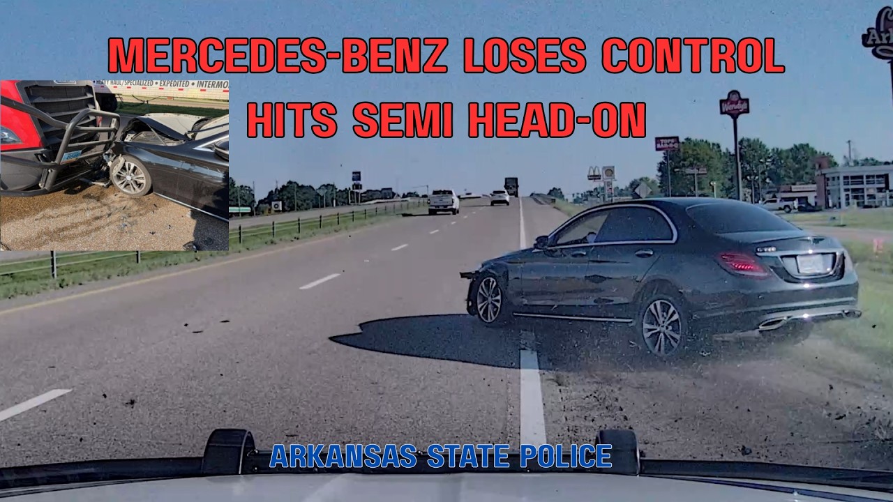 Handgun tossed from vehicle leads to high speed pursuit - Mercedes hits semi head-on