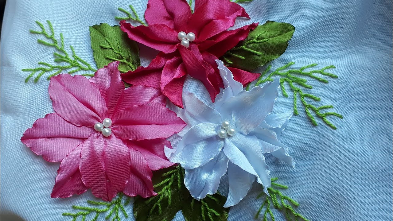 Flor de cetim tropical. Como fazer a flor, a folha e como costurar a flor no tecido. Modelo 28