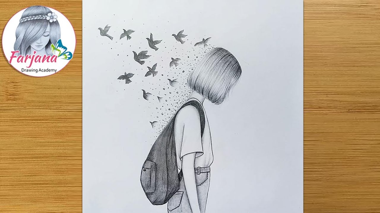 Creative Drawing - Pencil sketch || How to draw a girl with School bag || Kurşun kalem çizimi
