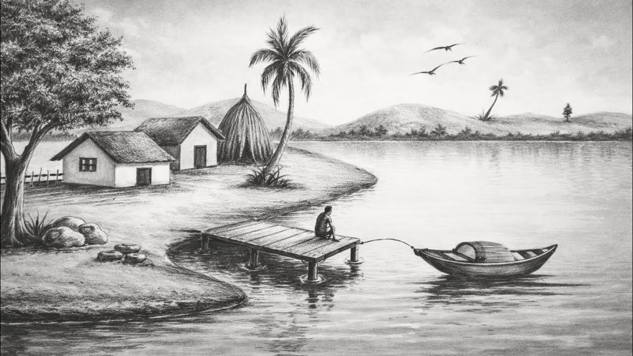 Real Bangladeshi Nature Scenery Drawing | How to Easy Drawing | গ্রাম বাংলার দৃশ্য অংকন | তাসলিমা
