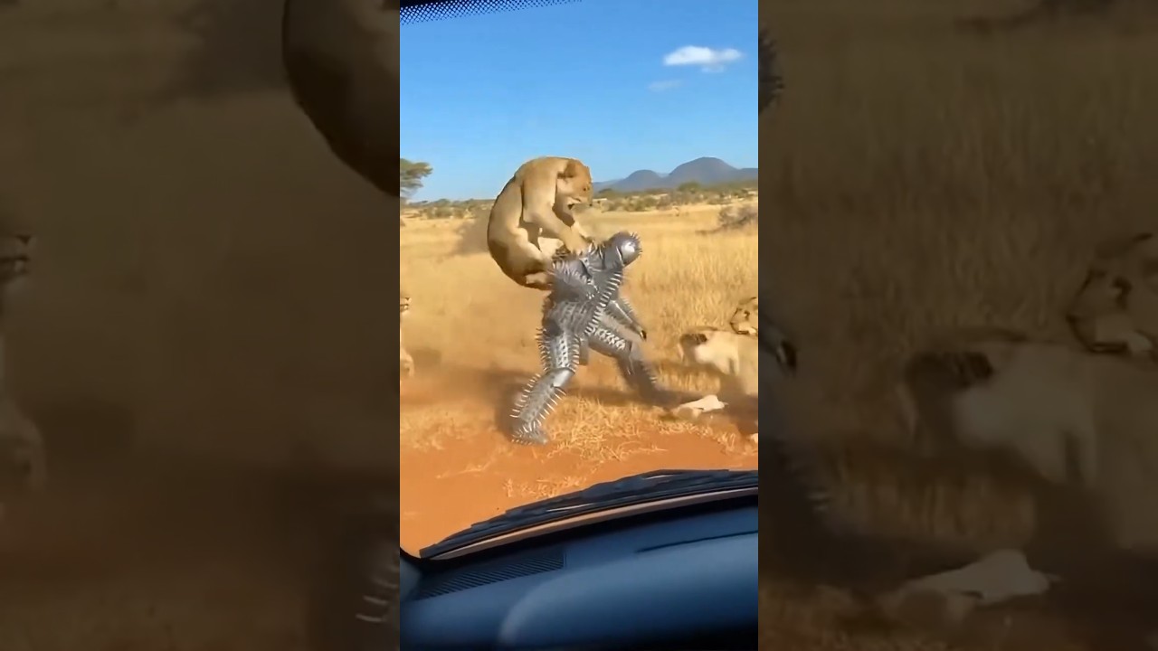 Lions attack a man wearing spiked armor! 