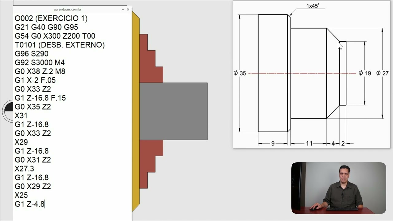 Curso de Torno CNC Fanuc -   Programa Simples - Exercício 1 - Linguagem também para Siemens(ISO)