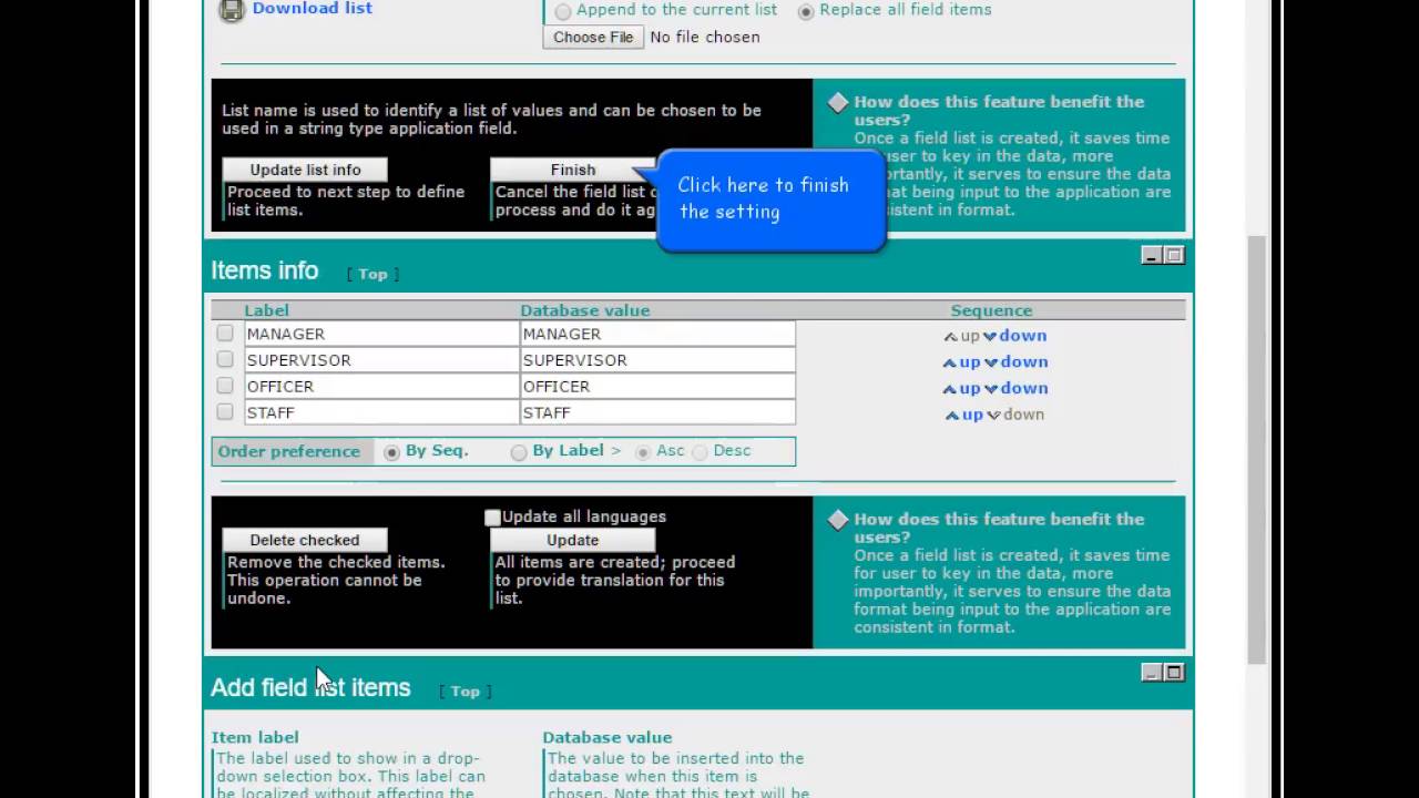 How to build a user defined field list for an index field in an application for Konica Minolta DocNe