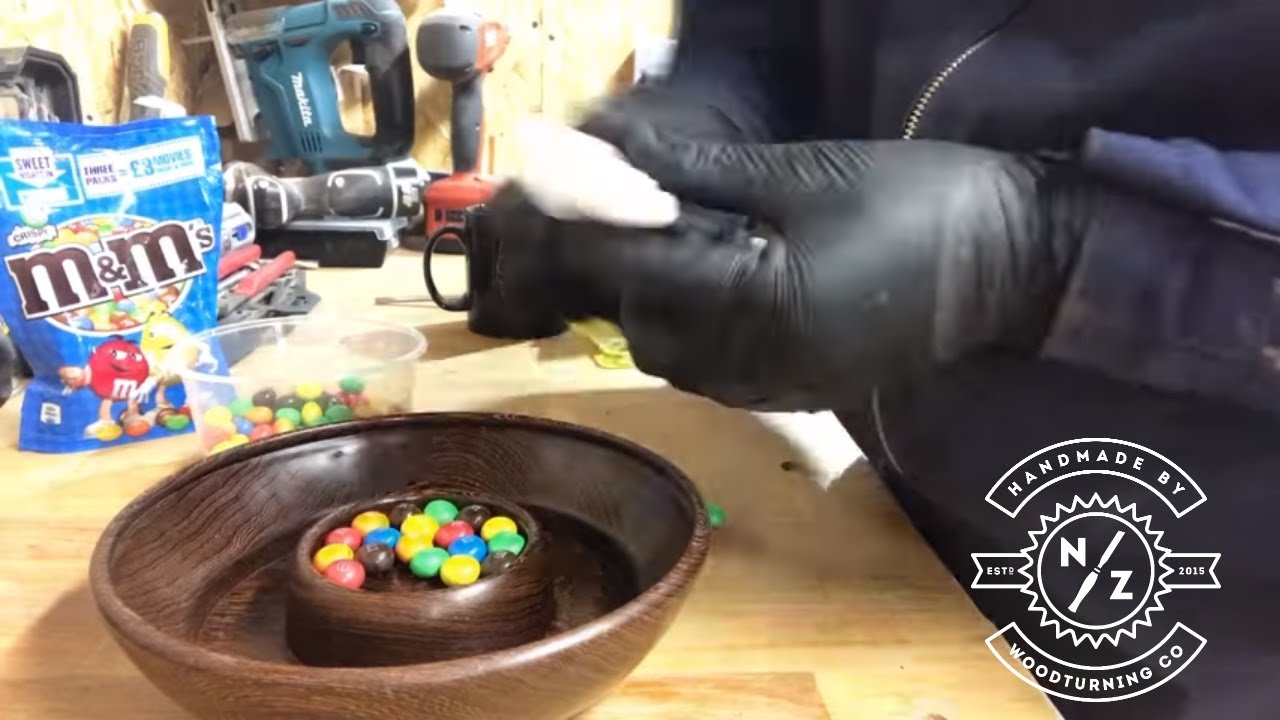 making - an M&M Bowl - using M&Ms and Wood / splash of resin also