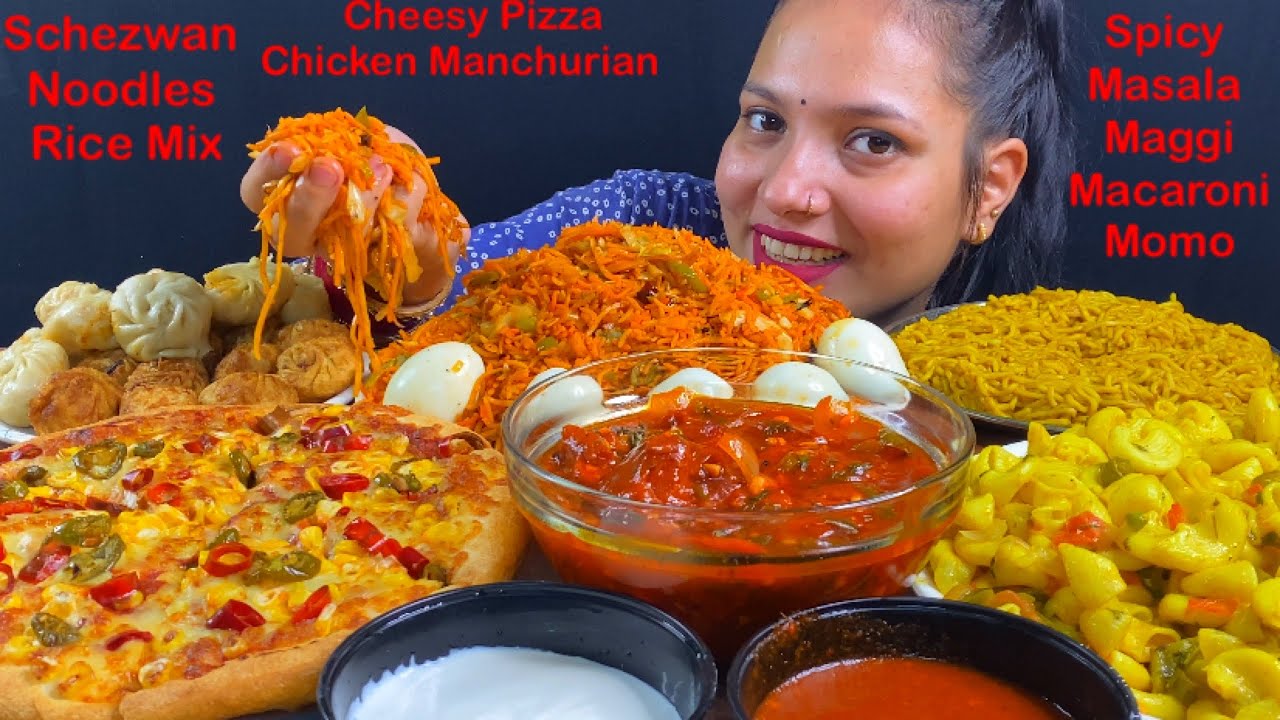 Eating Spicy 🔥 Masala Maggi, Macaroni, Cheesy Pizza, Chilli Chicken, Chilli Garlic Noodles Rice Mix
