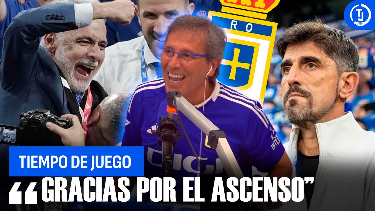 Paco González entrevista y agradece a Paunovic y a Martín Peláez tras el ascenso del Real Oviedo