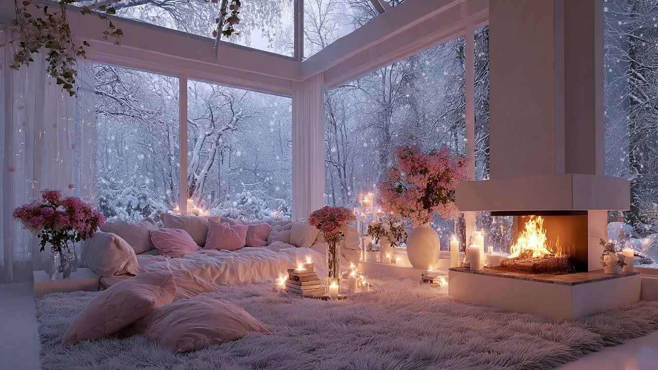 Cozy Winter Room Ambience with Pink Roses and Fireplace ❄️ Relaxing Music for Deep Sleep