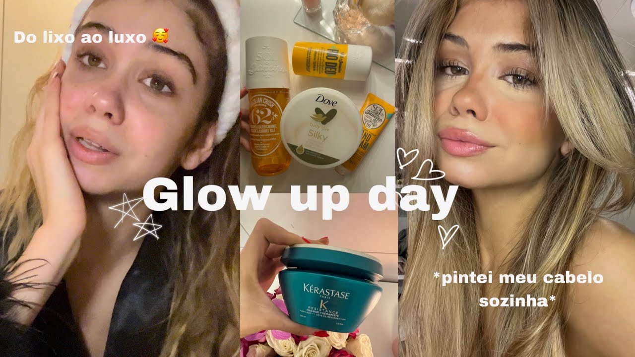 GLOW UP DAY WITH ME| *em casa* pintei e cortei meu cabelo, autobrozeamento, unhas e Make 💇🏼‍♀️🫧
