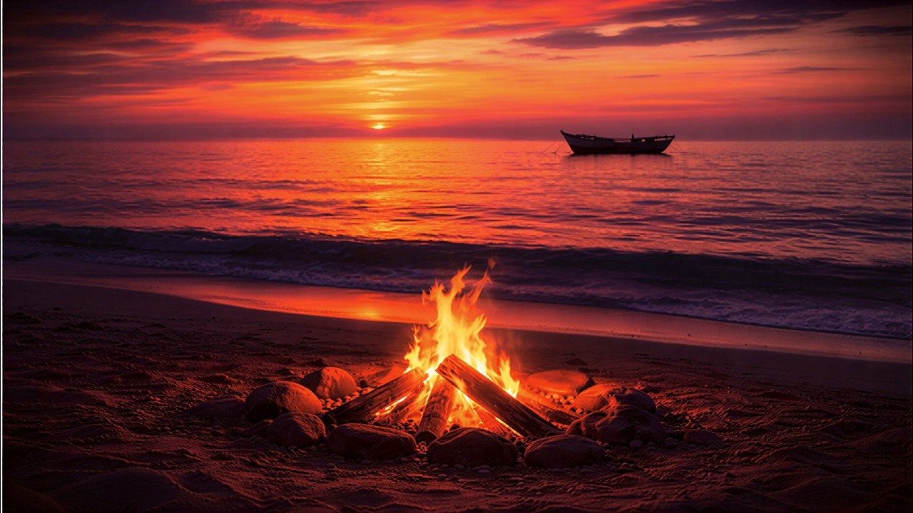 Beach Campfire at Night 🌊 Ocean Waves & Soft Fire Sounds