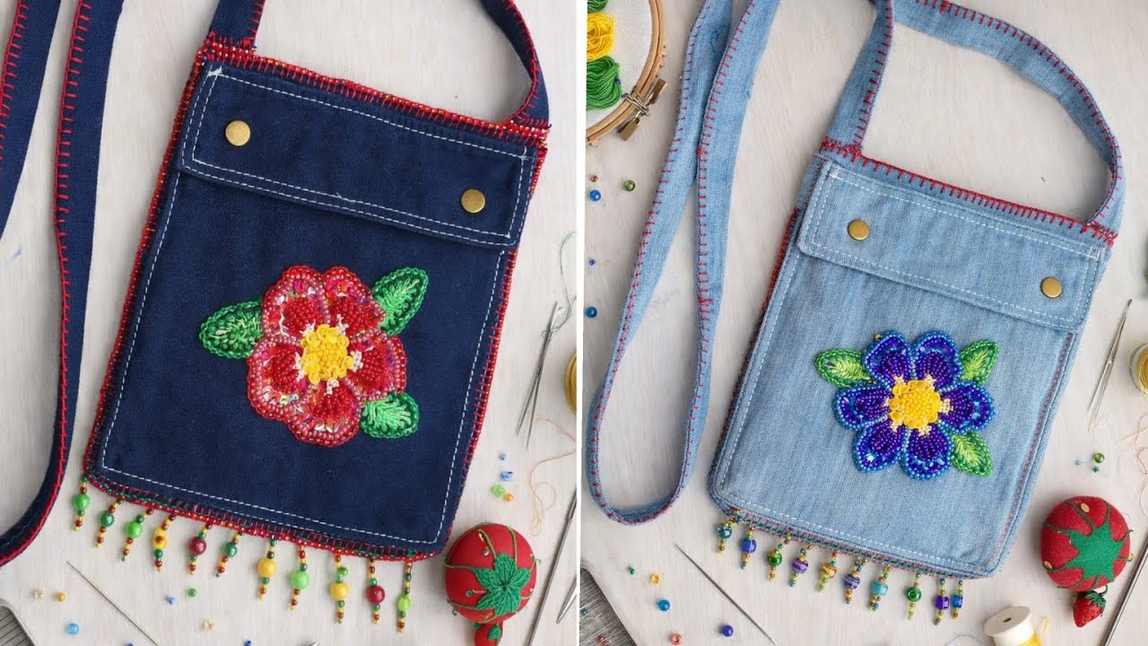 Bolso artesanal sin máquina/Denim reciclado, bordado floral con abalorios 