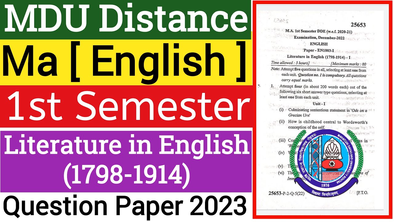 Mdu Ma Distance Literature in English (1798-1914) 1st Semester Question Paper 2023 | Ma DDE Paper