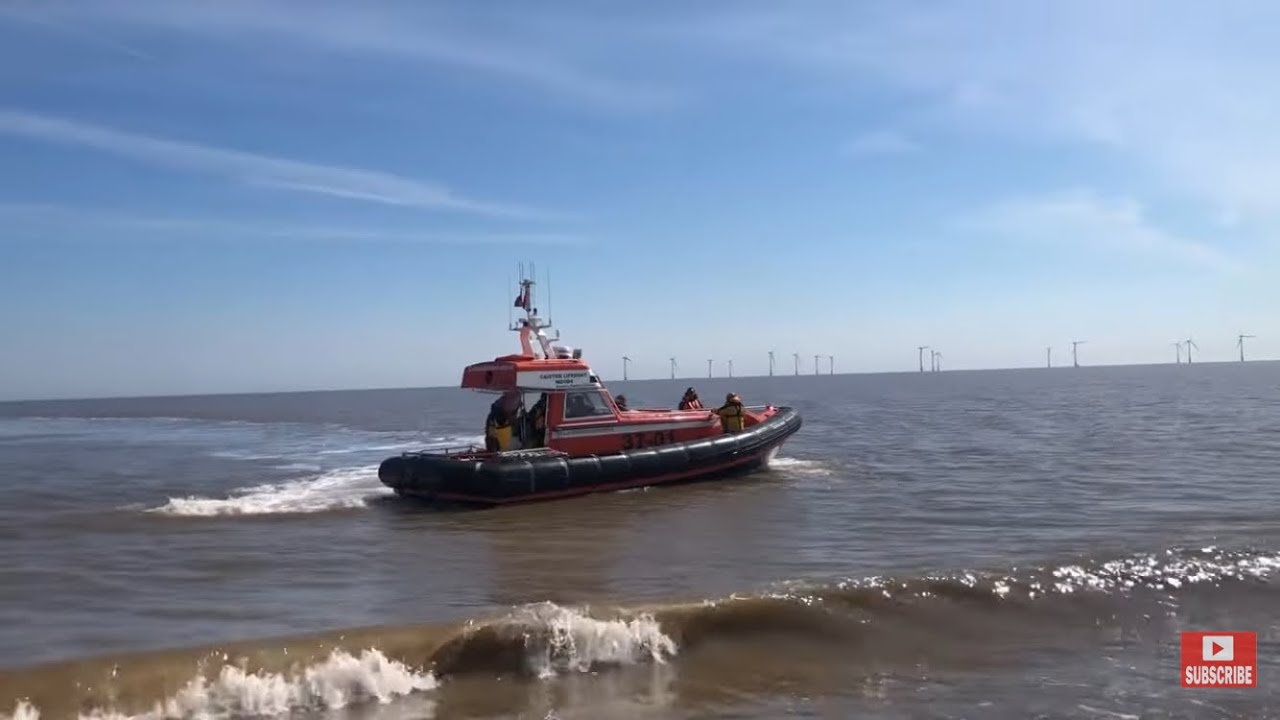 Drift netting, Caister lifeboat and wind farm cats. Commercial beach boat sea fishing. Norfolk