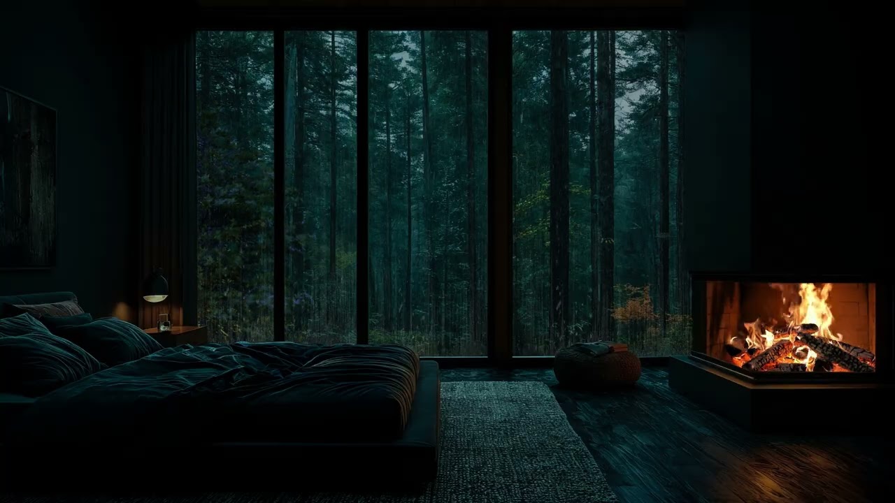 Warm Cabin in the Rainy Forest | Fireplace Crackling, Distant Thunder for Stress Relief & Calm Sleep